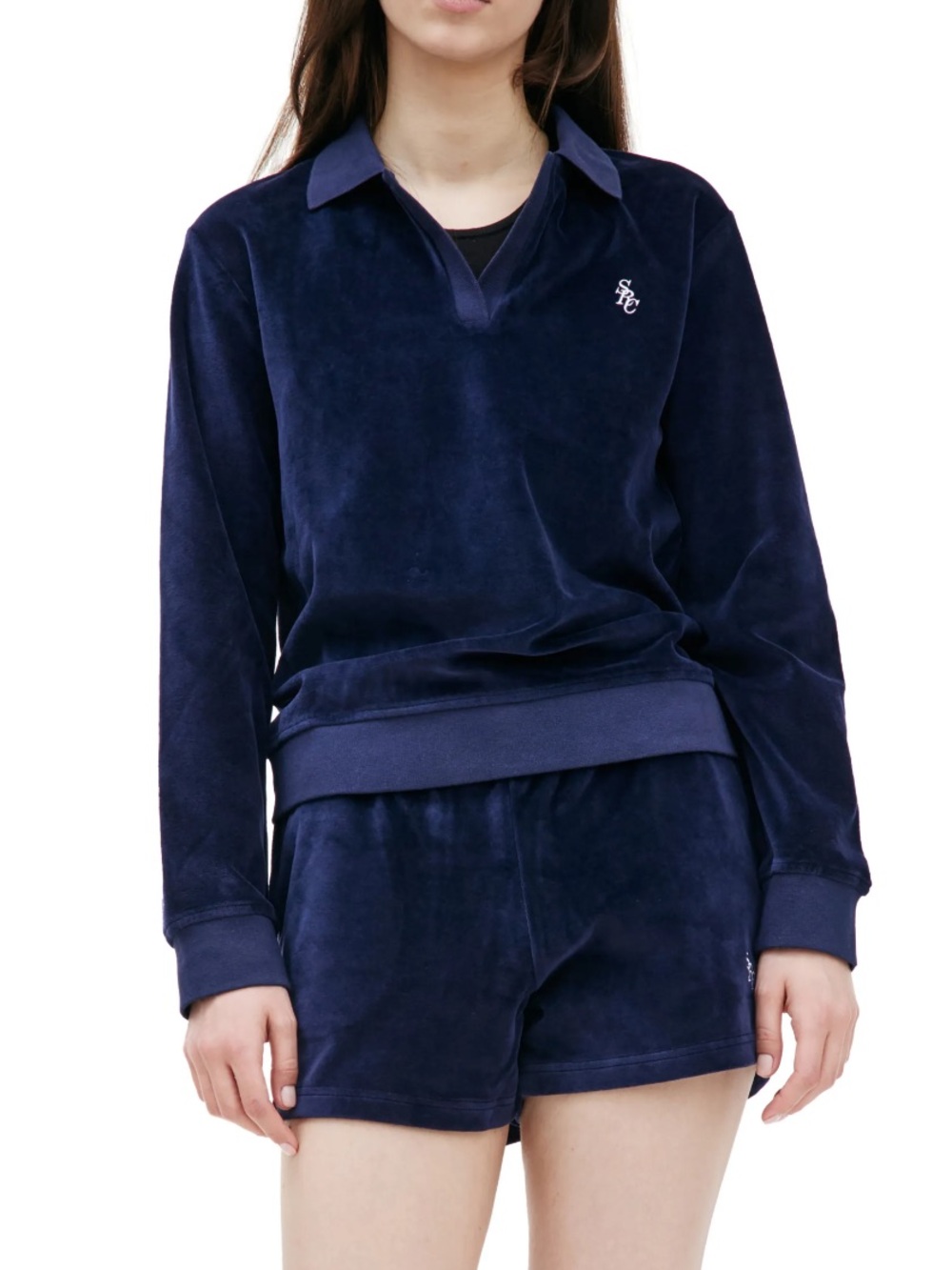 SPORTY & RICH Velour Set Amanda Polo Pullover and Andy Shorts Cotton Blue Medium